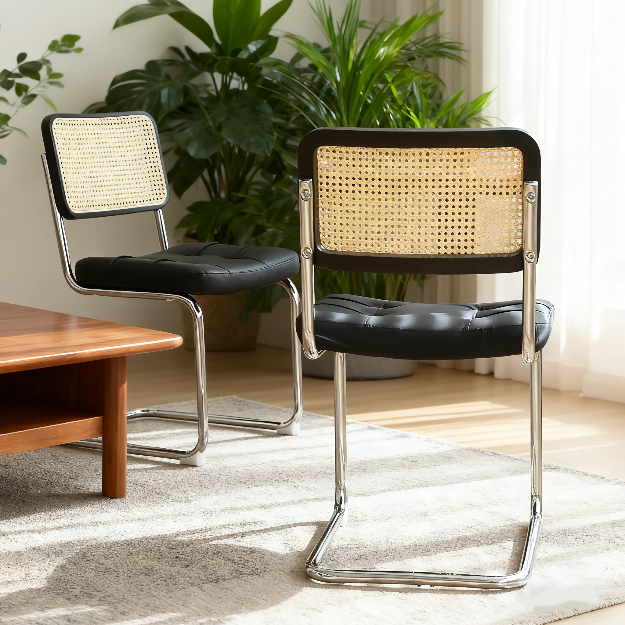 Set of 2 Mid-Century Modern Breuer-Inspired Dining Chairs - Green Velvet Rattan Accent Chairs with Chrome Legs, Upholstered Seats & Sturdy Metal Frame, Contemporary Design for Kitchen, Living Room, Dining Room - Easy-Clean Fabric & Durable Construct