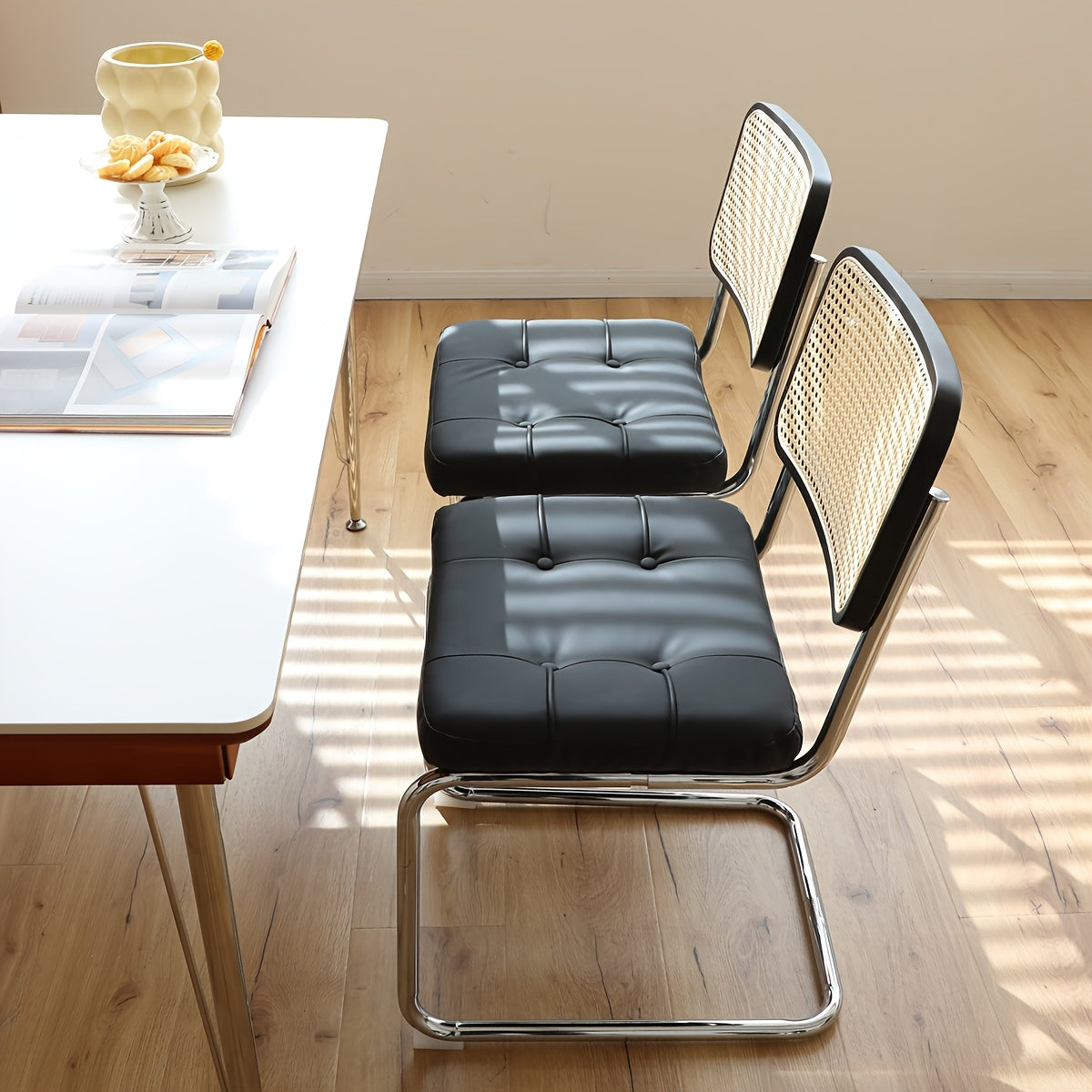 Set of 2 Mid-Century Modern Breuer-Inspired Dining Chairs - Green Velvet Rattan Accent Chairs with Chrome Legs, Upholstered Seats & Sturdy Metal Frame, Contemporary Design for Kitchen, Living Room, Dining Room - Easy-Clean Fabric & Durable Construct