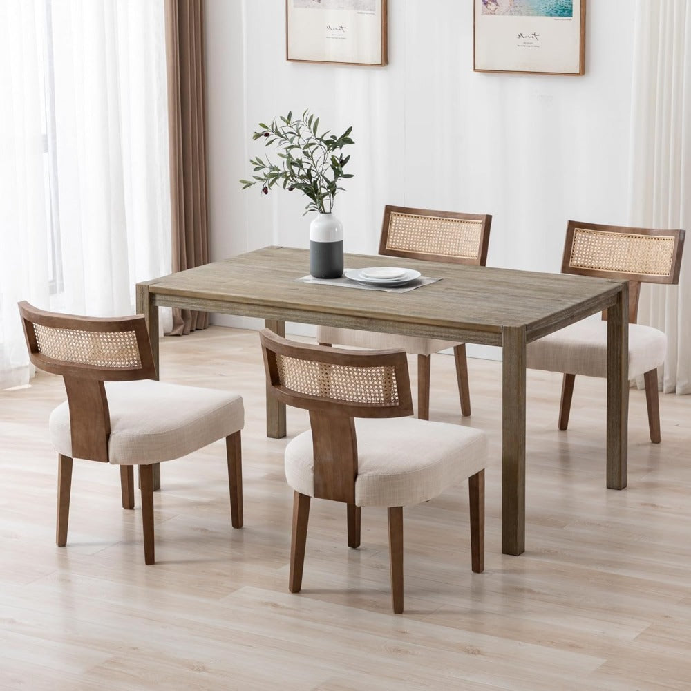 Set of 2 Rattan Dining Chairs, Mid-Century Modern Wooden Farmhouse Style with Linen Upholstery And Curved Cane Back, in Beige Color