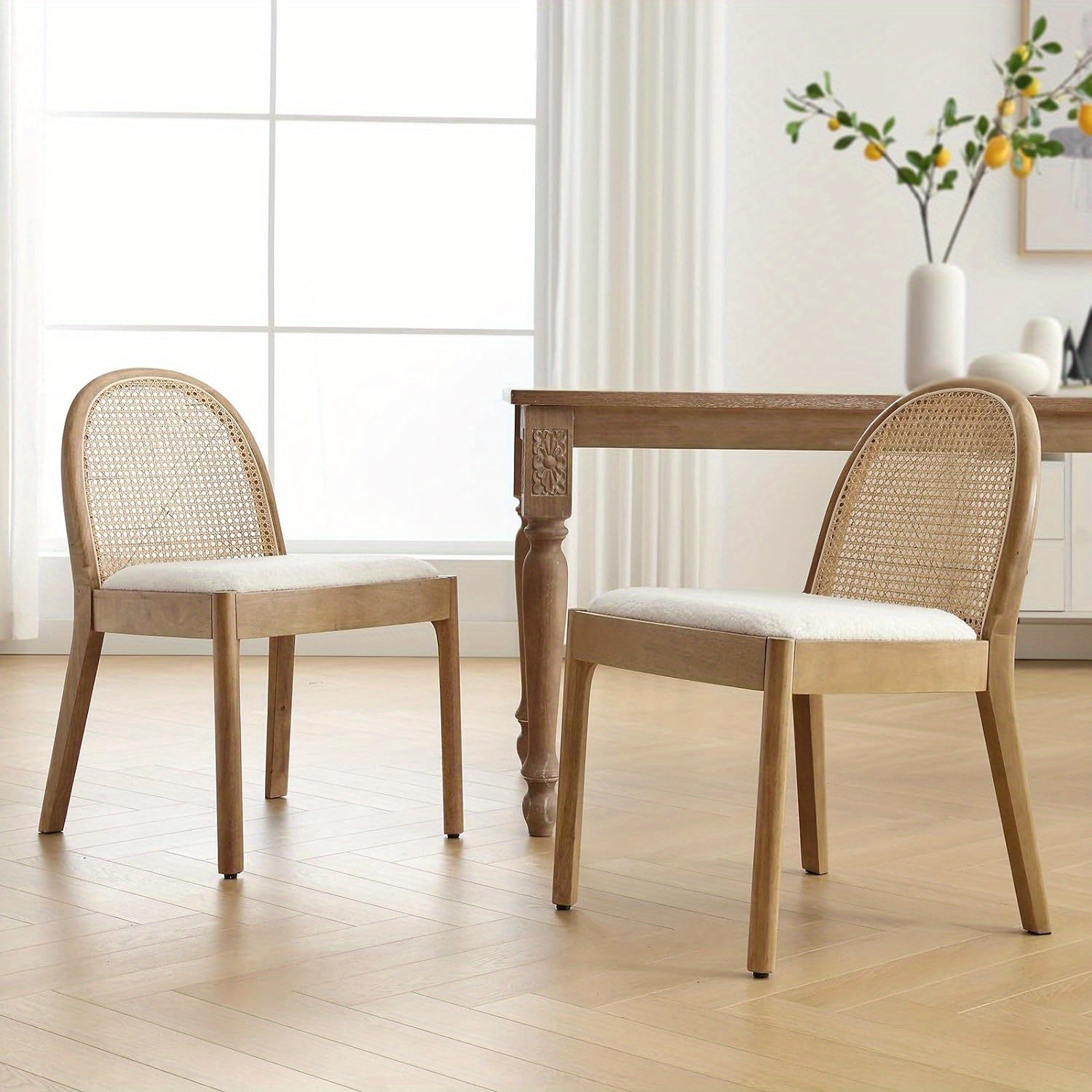 Set of 2 Mid-Century Modern Rattan Dining Chairs, Wooden Dining Room Chair with Cane Backrest and Padded Seat