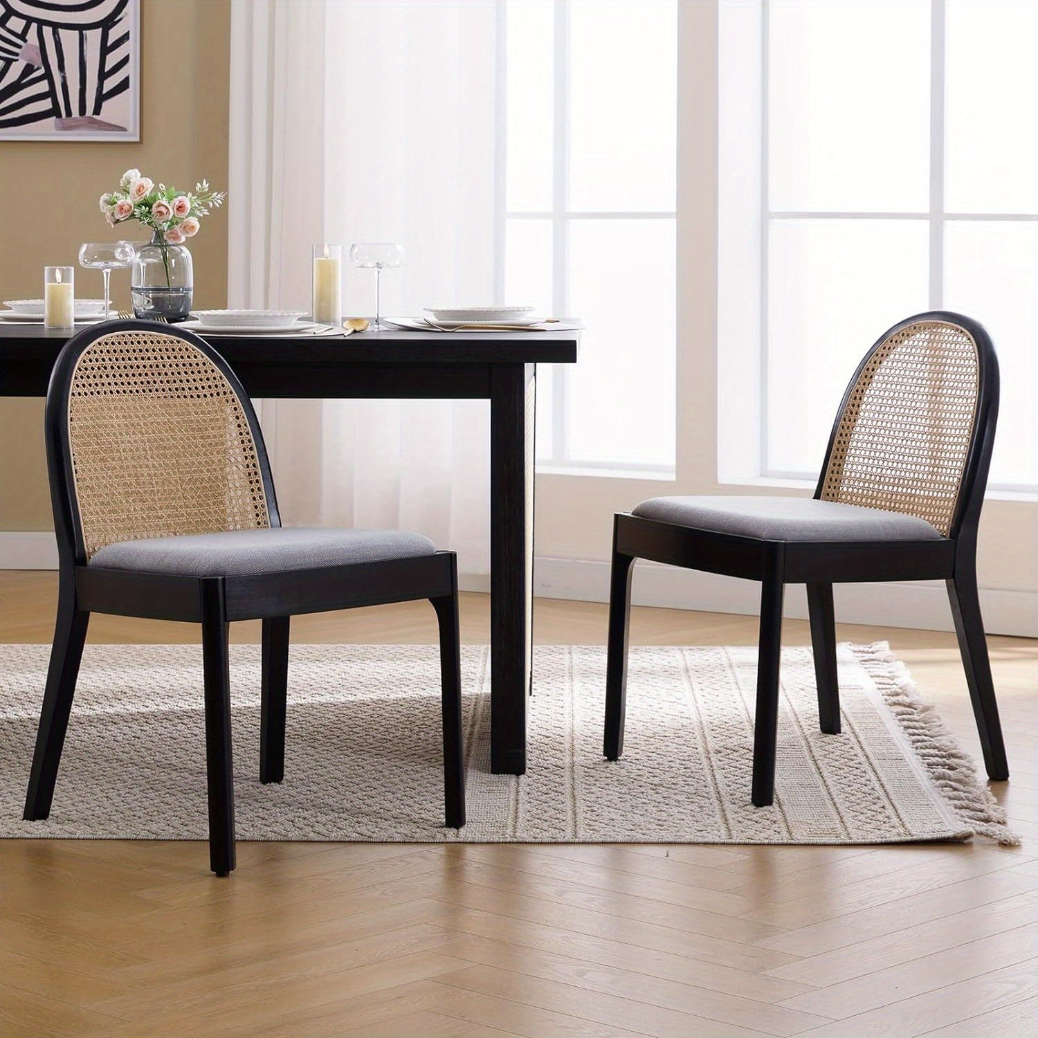 Set of 2 Mid-Century Modern Rattan Dining Chairs, Wooden Dining Room Chair with Cane Backrest and Padded Seat