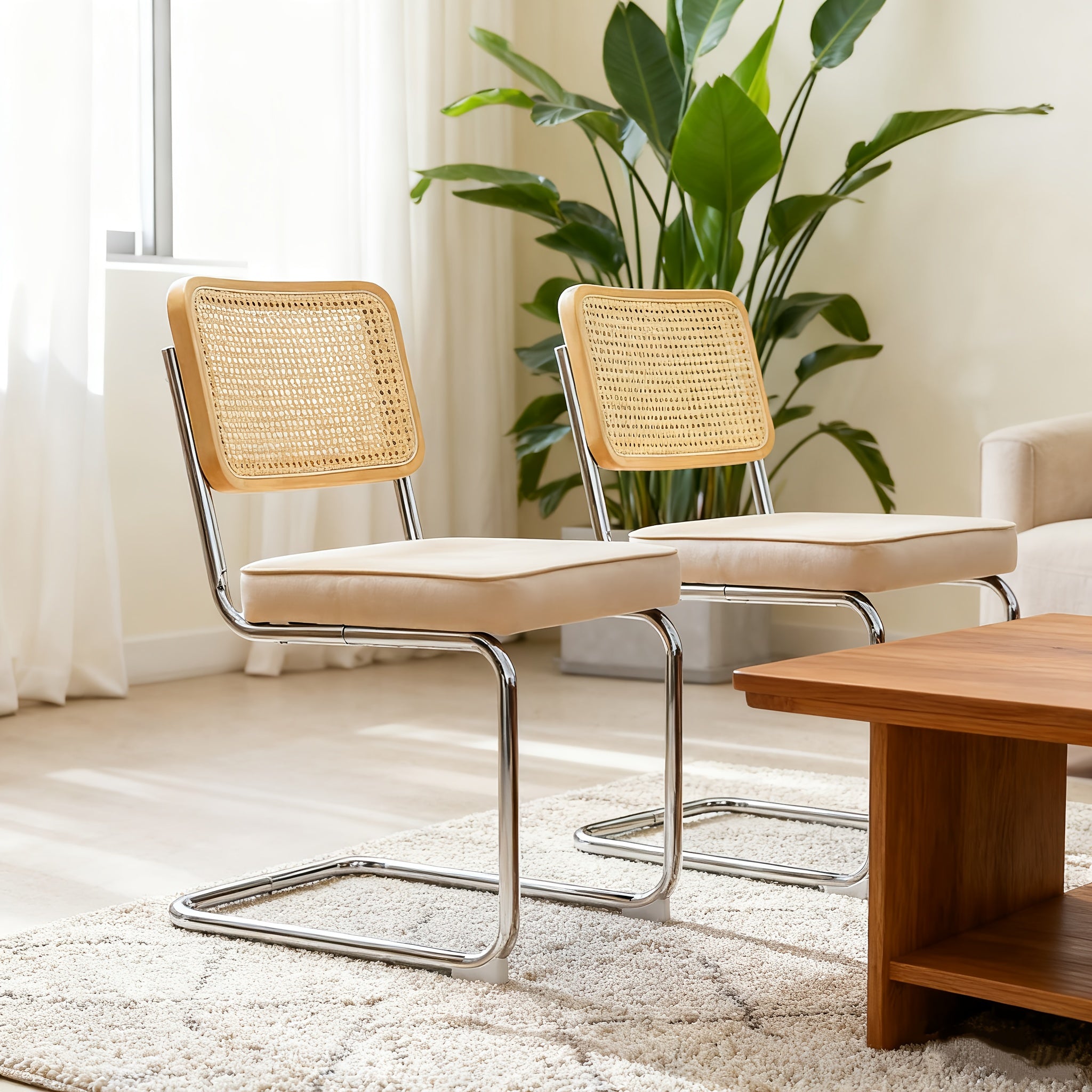 Set of 2 Mid-Century Modern Breuer-Inspired Dining Chairs - Green Velvet Rattan Accent Chairs with Chrome Legs, Upholstered Seats & Sturdy Metal Frame, Contemporary Design for Kitchen, Living Room, Dining Room - Easy-Clean Fabric & Durable Construct