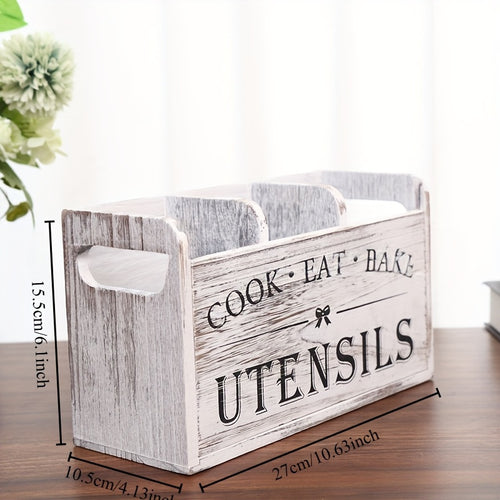 1 Rustic Wooden Kitchen Utensil Rack, 3 Compartment Countertop Organizer, Farmhouse Decor, Non-Food Contact, No Batteries Needed, Kitchen Storage Box | Decorative Utensil Holder | Handmade Appearance.kitchen Organizers And Storage