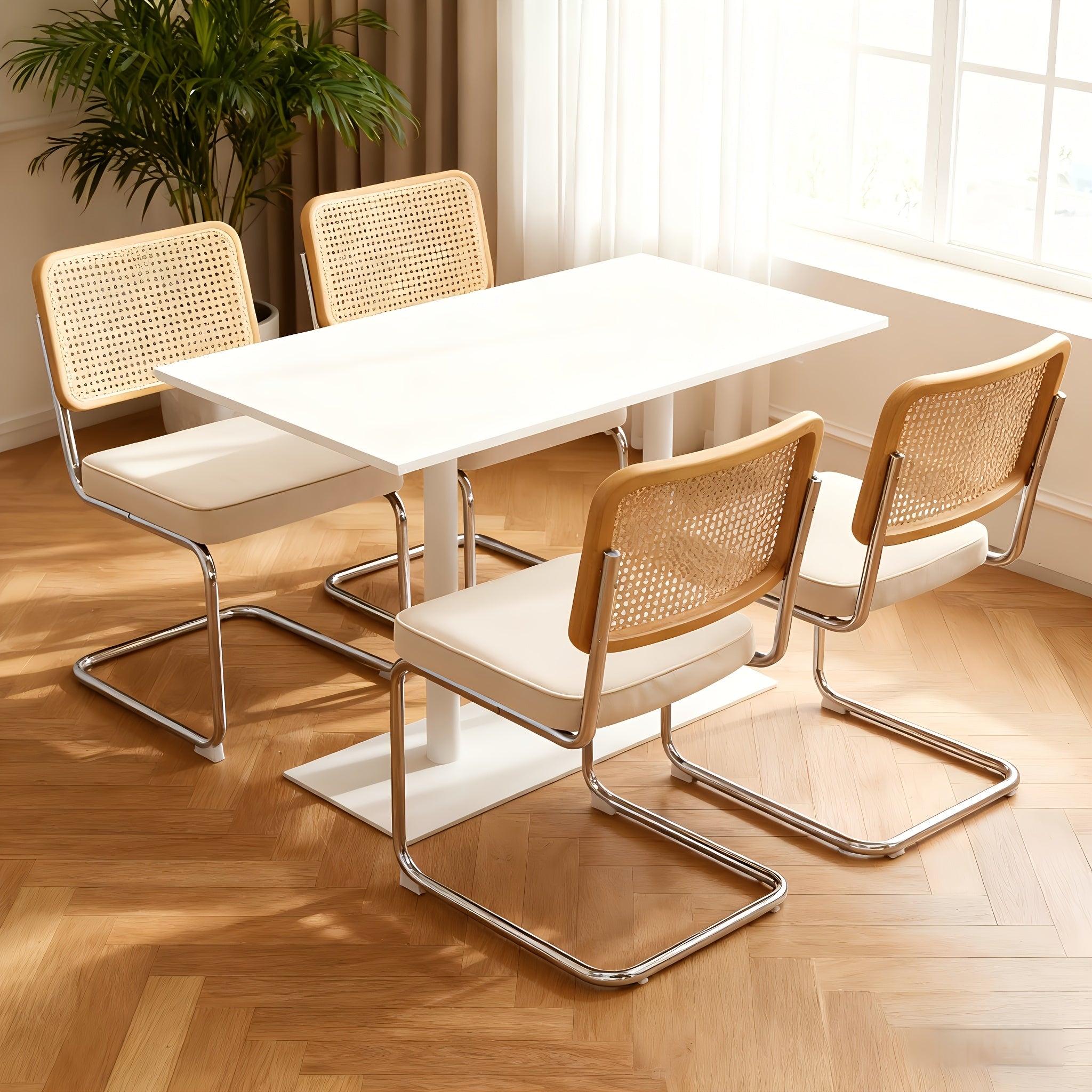 Set of 2 Mid-Century Modern Breuer-Inspired Dining Chairs - Green Velvet Rattan Accent Chairs with Chrome Legs, Upholstered Seats & Sturdy Metal Frame, Contemporary Design for Kitchen, Living Room, Dining Room - Easy-Clean Fabric & Durable Construct