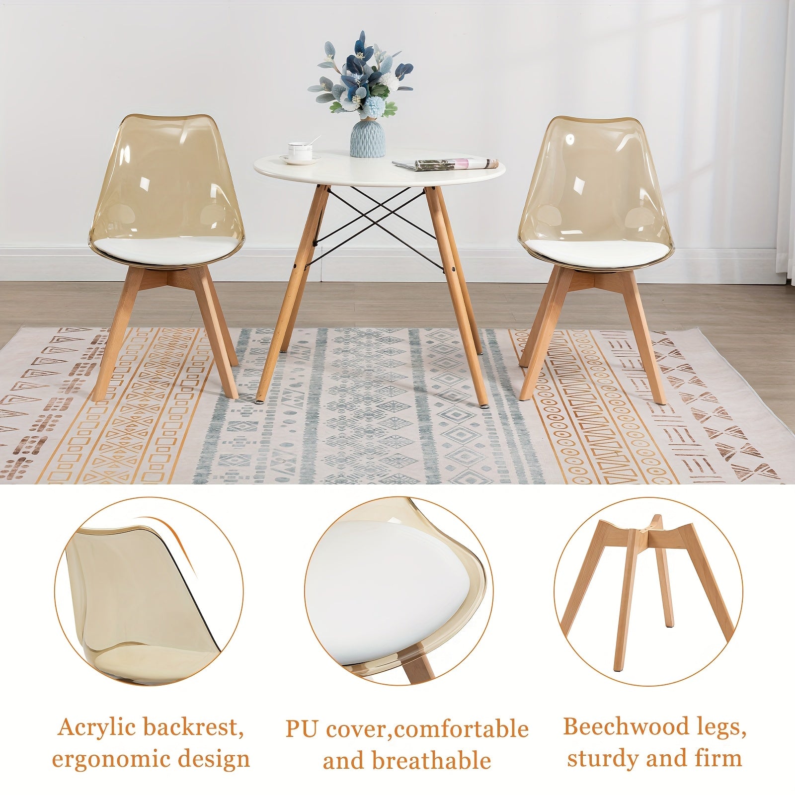 Mojay Dining Chairs Set of 2, Modern Clear Acrylic with Faux Leather Seat Cushions, for Kitchen Dining Room Patio or Restaurant