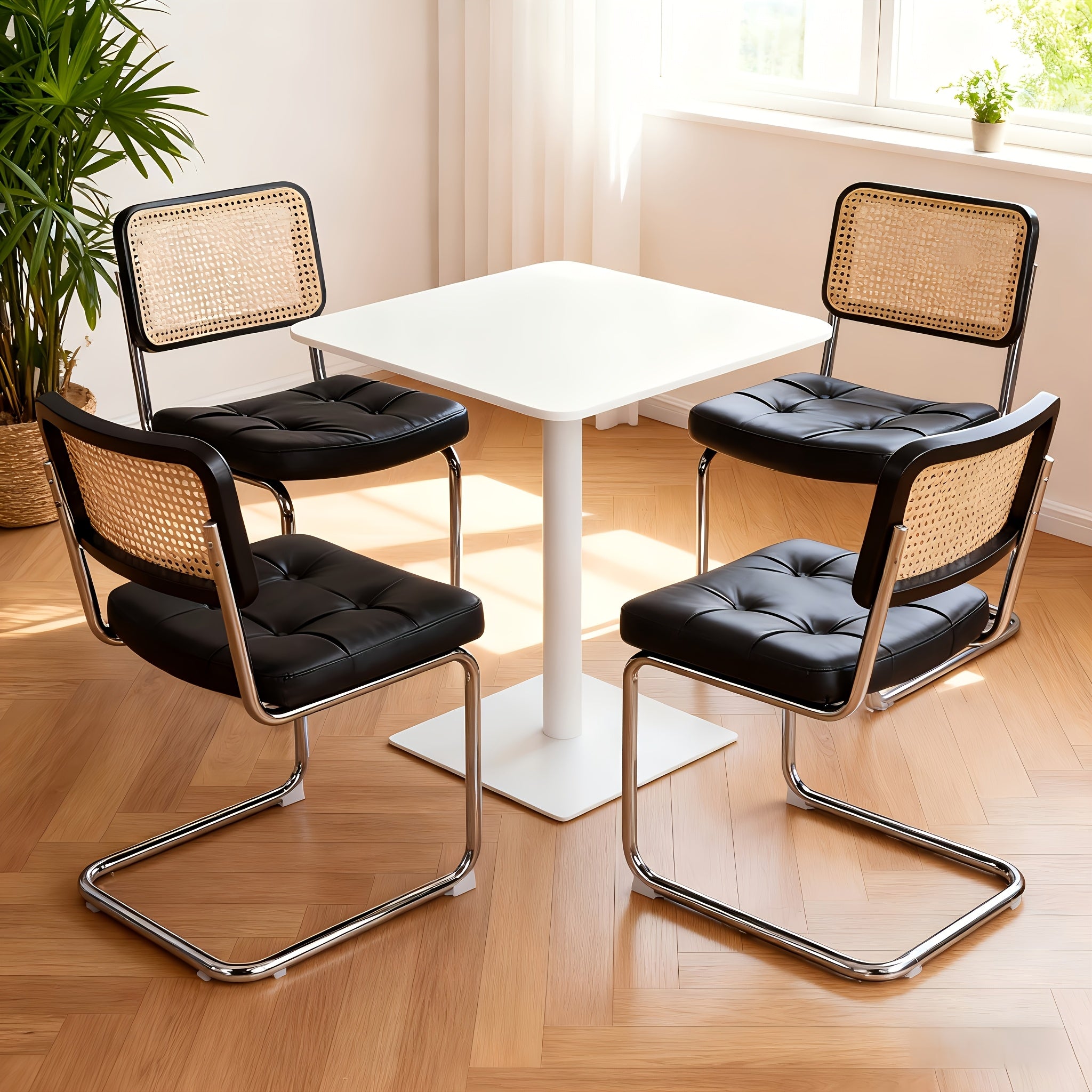 Set of 2 Mid-Century Modern Breuer-Inspired Dining Chairs - Green Velvet Rattan Accent Chairs with Chrome Legs, Upholstered Seats & Sturdy Metal Frame, Contemporary Design for Kitchen, Living Room, Dining Room - Easy-Clean Fabric & Durable Construct