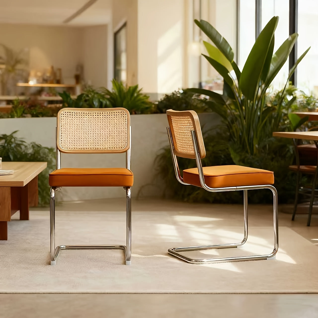 Set of 2 Mid-Century Modern Breuer-Inspired Dining Chairs - Green Velvet Rattan Accent Chairs with Chrome Legs, Upholstered Seats & Sturdy Metal Frame, Contemporary Design for Kitchen, Living Room, Dining Room - Easy-Clean Fabric & Durable Construct