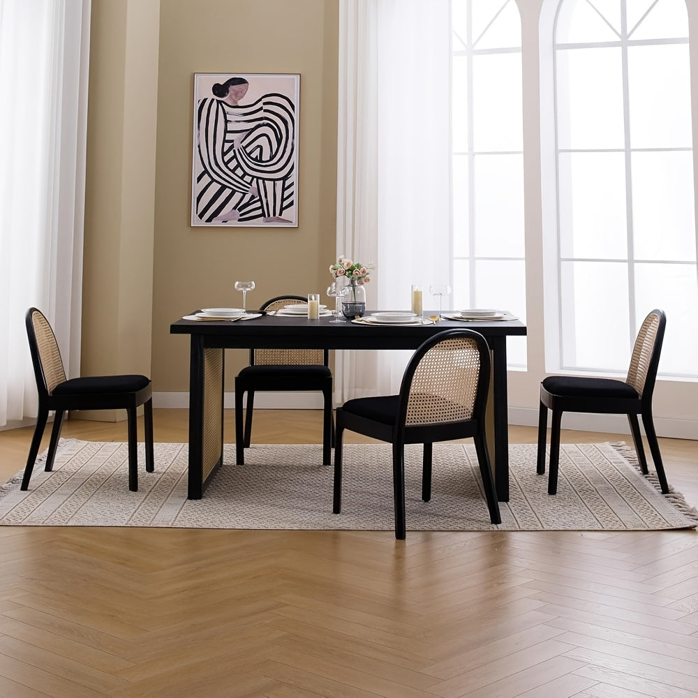 Set of 2 Mid-Century Modern Rattan Dining Chairs, Wooden Dining Room Chair with Cane Backrest and Padded Seat