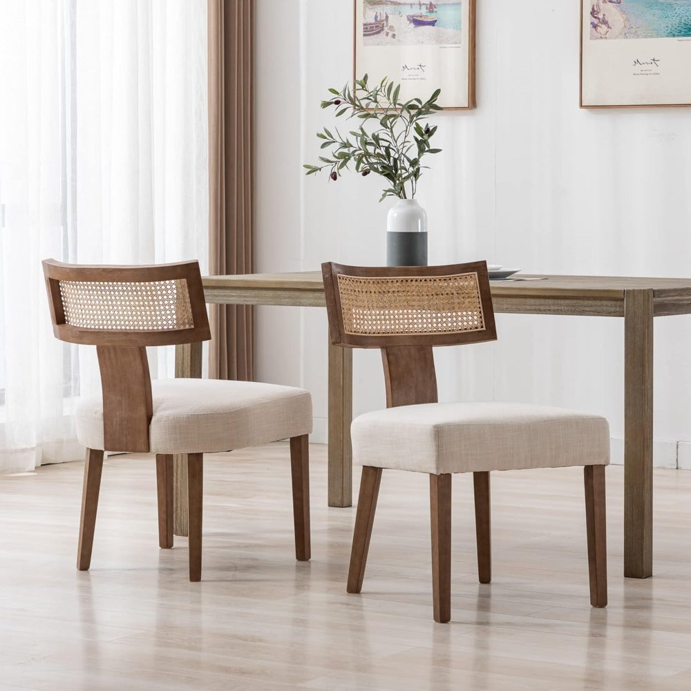 Set of 2 Rattan Dining Chairs, Mid-Century Modern Wooden Farmhouse Style with Linen Upholstery And Curved Cane Back, in Beige Color