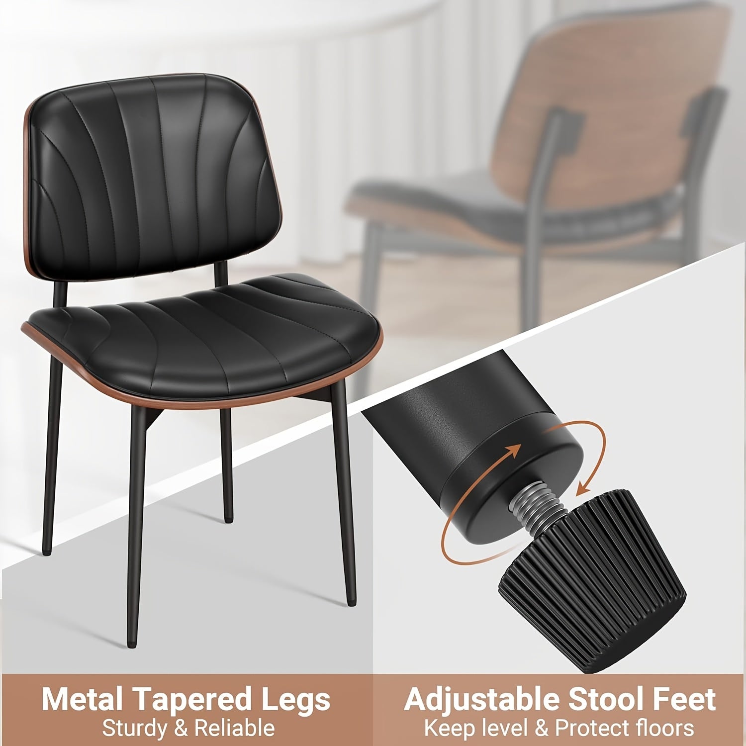 Set Of 2 Modern Faux Leather Dining Chairs, Padded Seat & Backrest, Metal Legs with Adjustable Feet, for Kitchen, Dining Room, Office