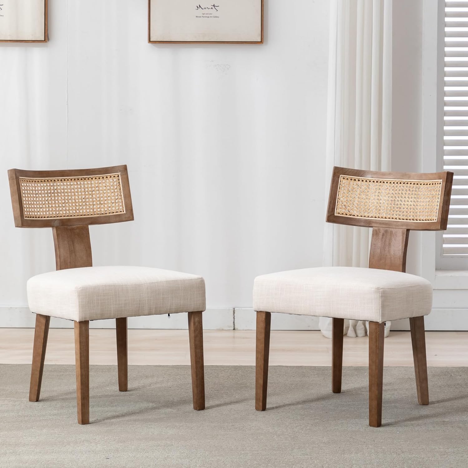 Set of 2 Rattan Dining Chairs, Mid-Century Modern Wooden Farmhouse Style with Linen Upholstery And Curved Cane Back, in Beige Color