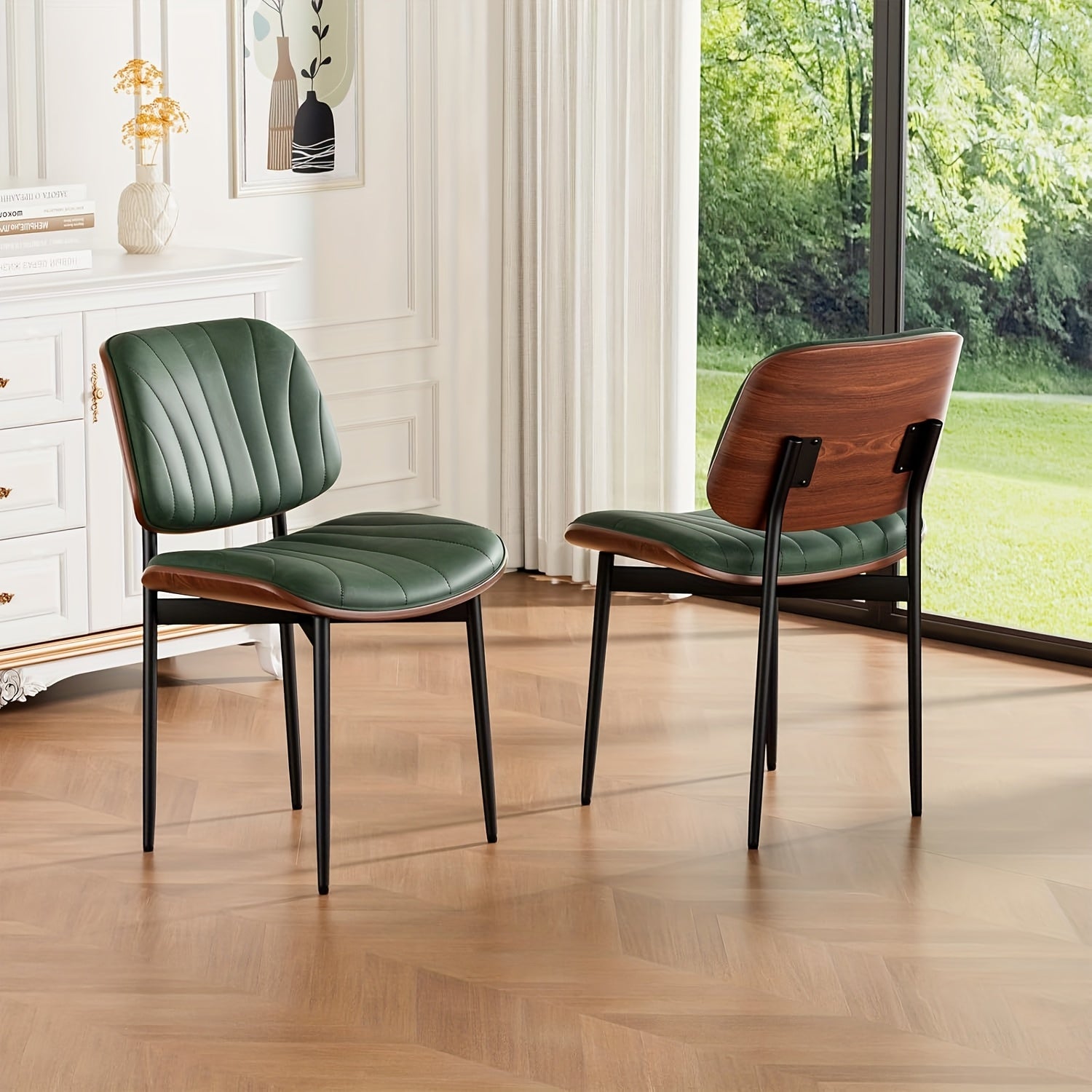 Set Of 2 Modern Faux Leather Dining Chairs, Padded Seat & Backrest, Metal Legs with Adjustable Feet, for Kitchen, Dining Room, Office