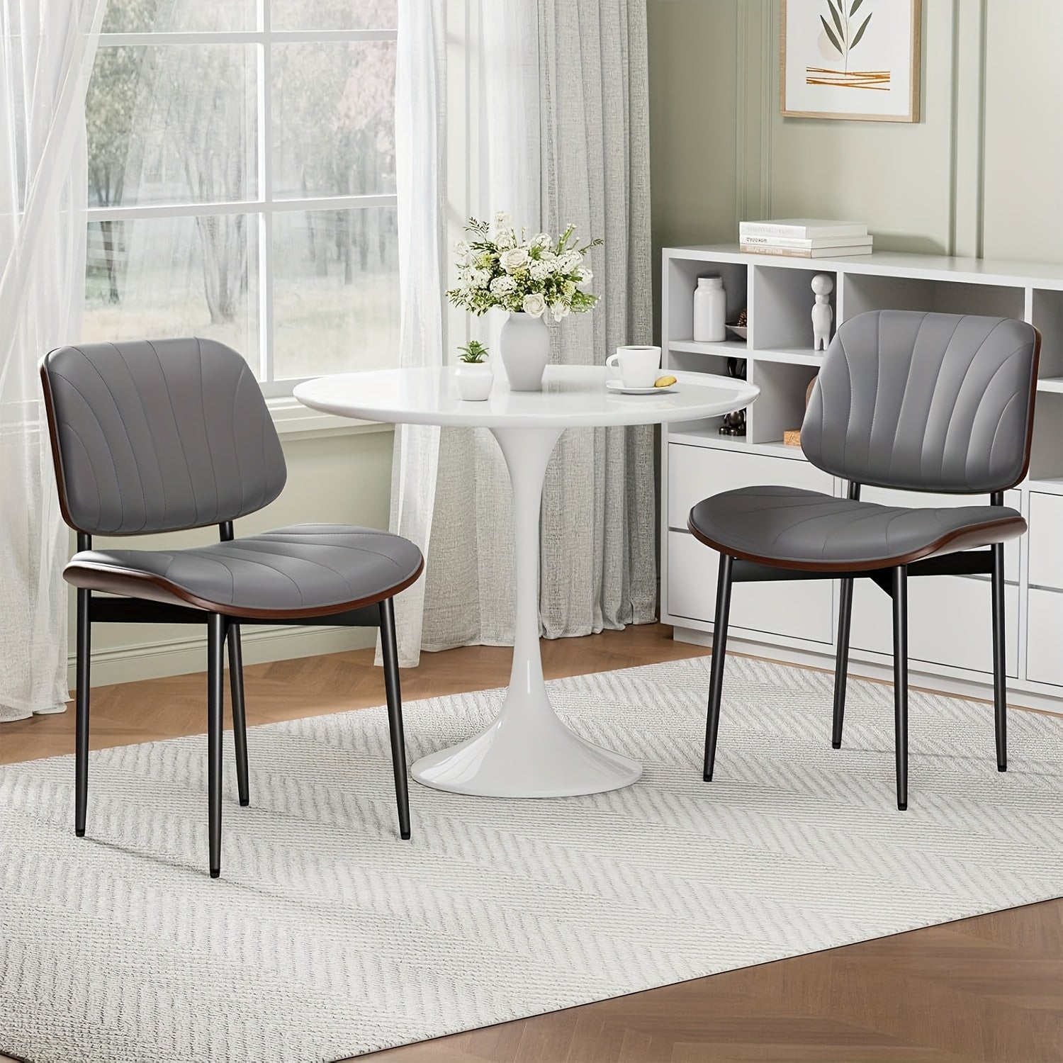 Set Of 2 Modern Faux Leather Dining Chairs, Padded Seat & Backrest, Metal Legs with Adjustable Feet, for Kitchen, Dining Room, Office