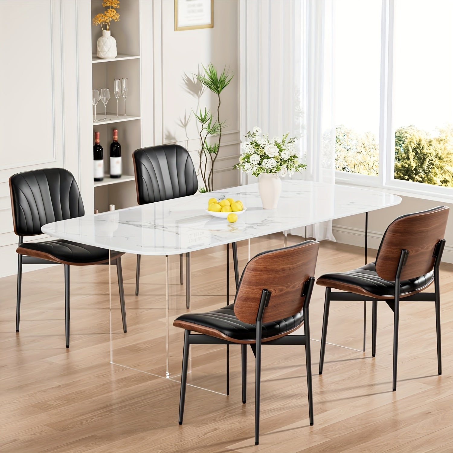 Set Of 2 Modern Faux Leather Dining Chairs, Padded Seat & Backrest, Metal Legs with Adjustable Feet, for Kitchen, Dining Room, Office