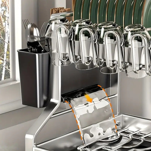 1 Stainless Steel Kitchen Dish Rack with Sink and Cutlery Organizer, 2-Tier Bowl Storage, Automatic Drainage, Draining Dish Rack, Cutlery Holder, Chopping Board Rack, Cup Holder, Suitable for Plates, Cups, and Cutlery Organizer, 2 Sizes