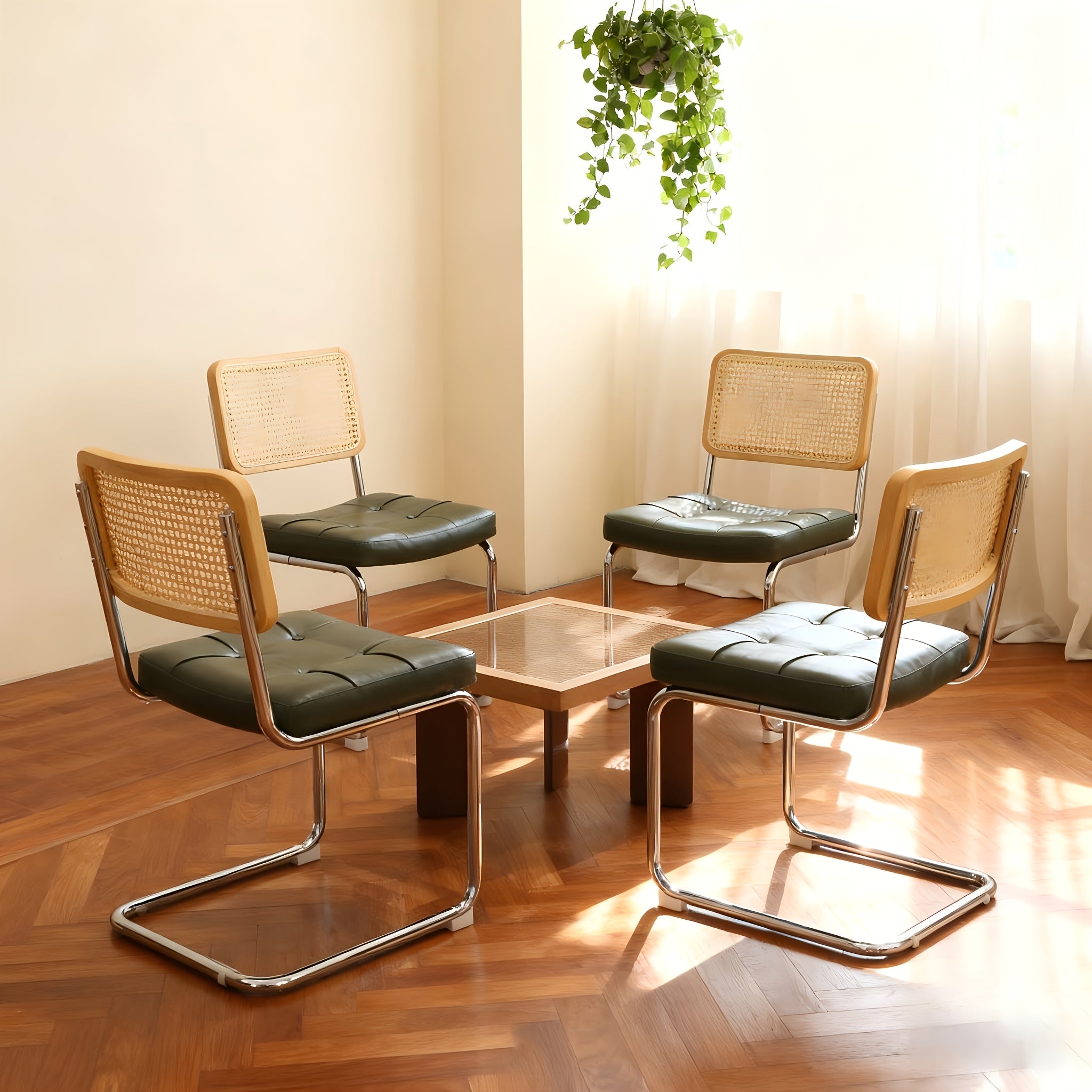 Set of 2 Mid-Century Modern Breuer-Inspired Dining Chairs - Green Velvet Rattan Accent Chairs with Chrome Legs, Upholstered Seats & Sturdy Metal Frame, Contemporary Design for Kitchen, Living Room, Dining Room - Easy-Clean Fabric & Durable Construct