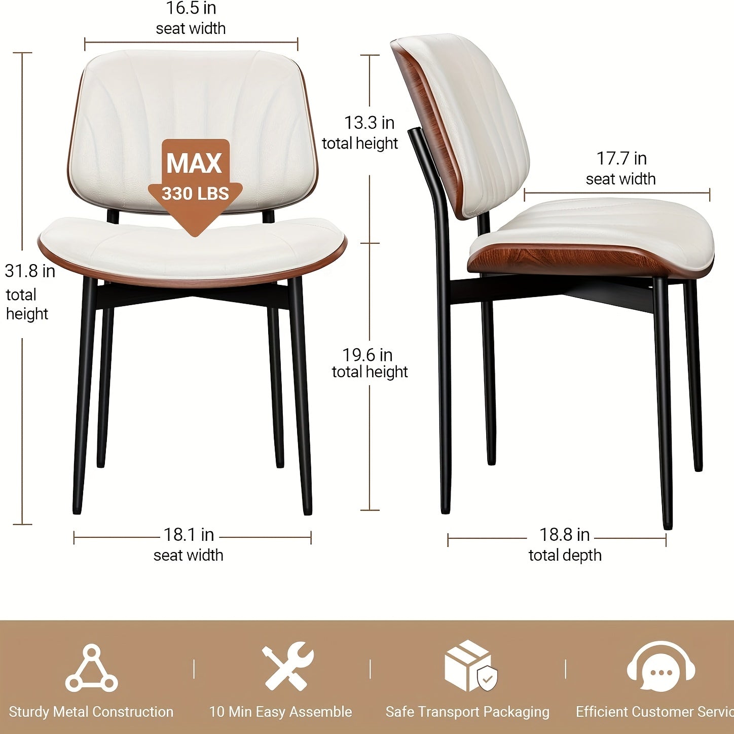 Set Of 2 Modern Faux Leather Dining Chairs, Padded Seat & Backrest, Metal Legs with Adjustable Feet, for Kitchen, Dining Room, Office