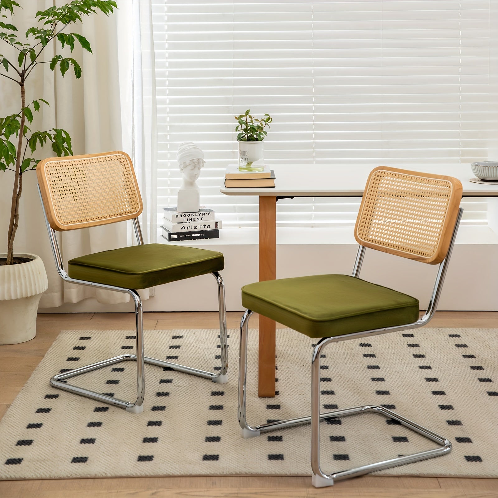 Set of Two Dining Chairs Featuring Velvet And Rattan, Designed with Chrome Legs. These Modern Mid-Century Breuer-Style Chairs Are Upholstered And Suitable for Dining, Living Rooms, Or Kitchens