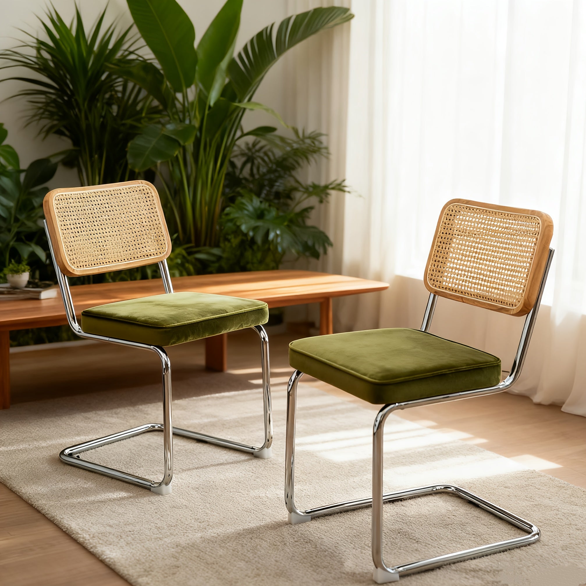 Set of 2 Mid-Century Modern Breuer-Inspired Dining Chairs - Green Velvet Rattan Accent Chairs with Chrome Legs, Upholstered Seats & Sturdy Metal Frame, Contemporary Design for Kitchen, Living Room, Dining Room - Easy-Clean Fabric & Durable Construct