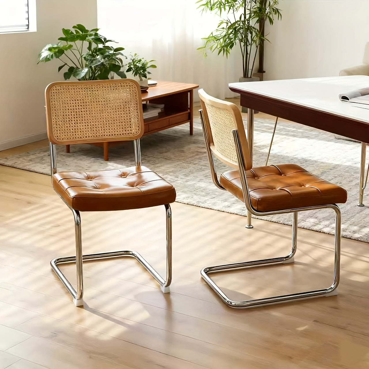 Set of 2 Mid-Century Modern Breuer-Inspired Dining Chairs - Green Velvet Rattan Accent Chairs with Chrome Legs, Upholstered Seats & Sturdy Metal Frame, Contemporary Design for Kitchen, Living Room, Dining Room - Easy-Clean Fabric & Durable Construct