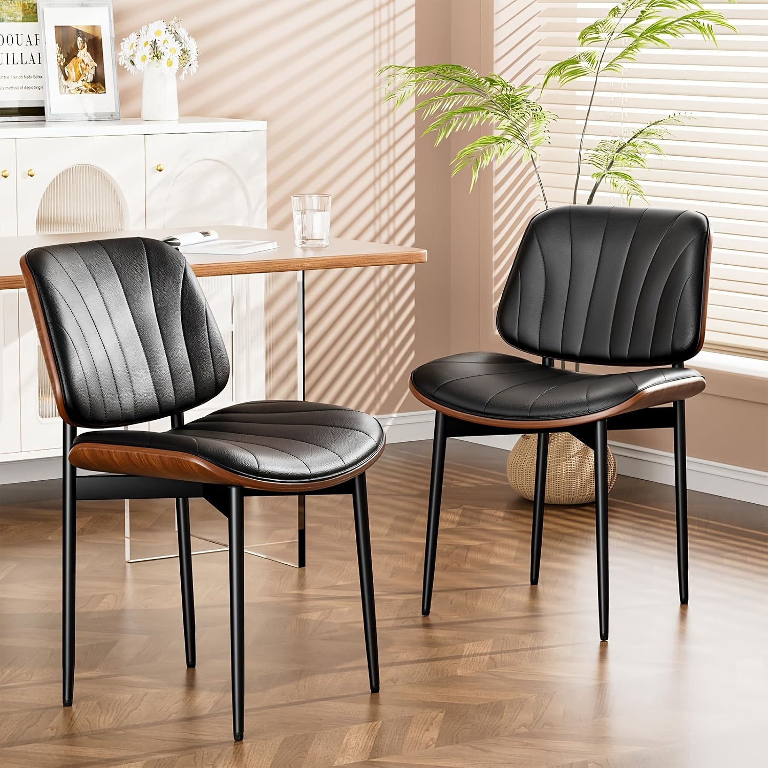 Set Of 2 Modern Faux Leather Dining Chairs, Padded Seat & Backrest, Metal Legs with Adjustable Feet, for Kitchen, Dining Room, Office