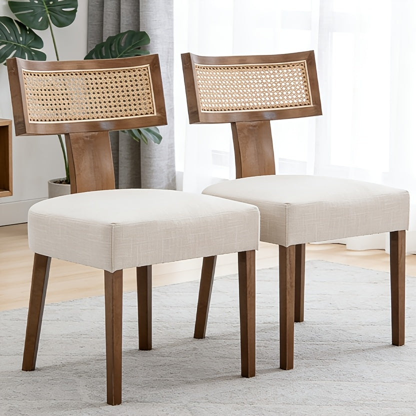 Set of 2 Rattan Dining Chairs, Mid-Century Modern Wooden Farmhouse Style with Linen Upholstery And Curved Cane Back, in Beige Color