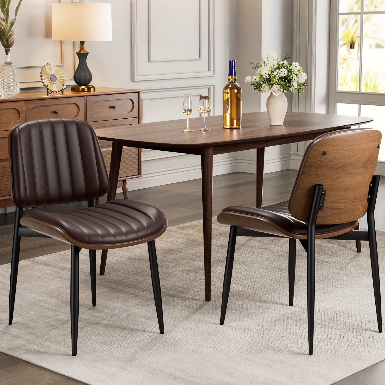 Set Of 2 Modern Faux Leather Dining Chairs, Padded Seat & Backrest, Metal Legs with Adjustable Feet, for Kitchen, Dining Room, Office