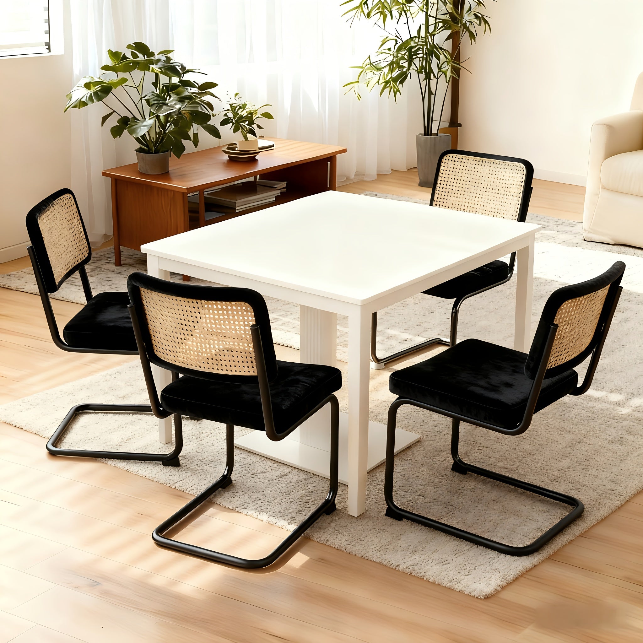 Dining Chairs Set Of 4, Faux Leather Rattan Side Accent Chairs with Chrome Legs, Modern Mid Century Breuer Designed Chairs, Upholstered Dining Living Room Kitchen Chairs