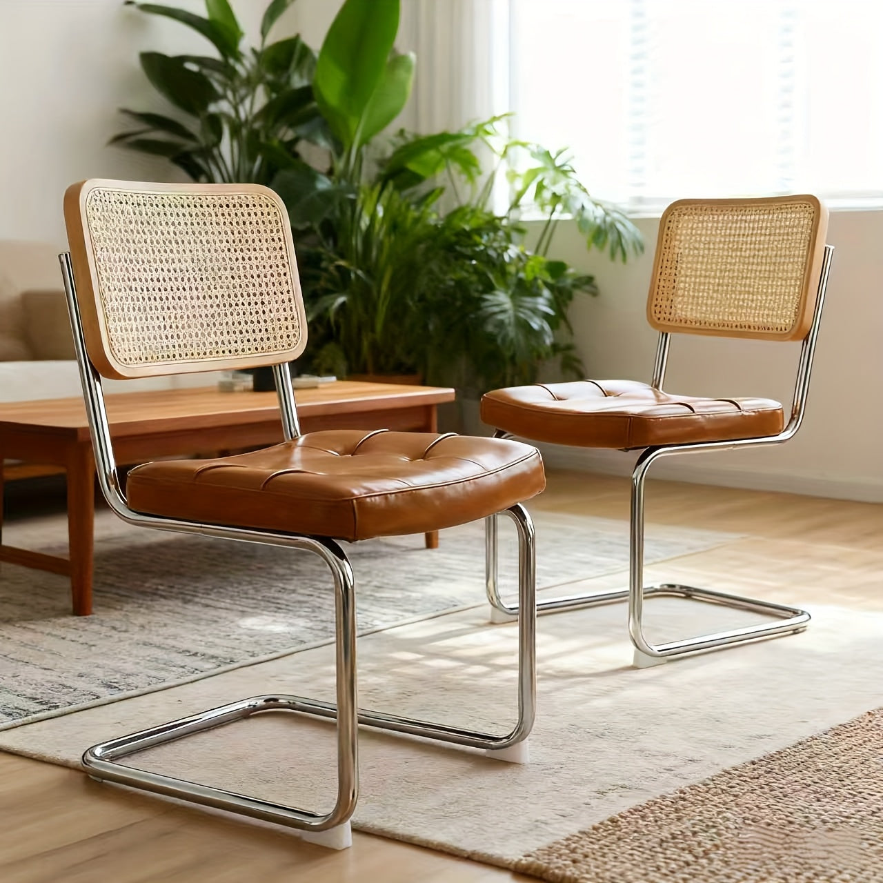 Set of Two Dining Chairs Featuring Velvet And Rattan, Designed with Chrome Legs. These Modern Mid-Century Breuer-Style Chairs Are Upholstered And Suitable for Dining, Living Rooms, Or Kitchens