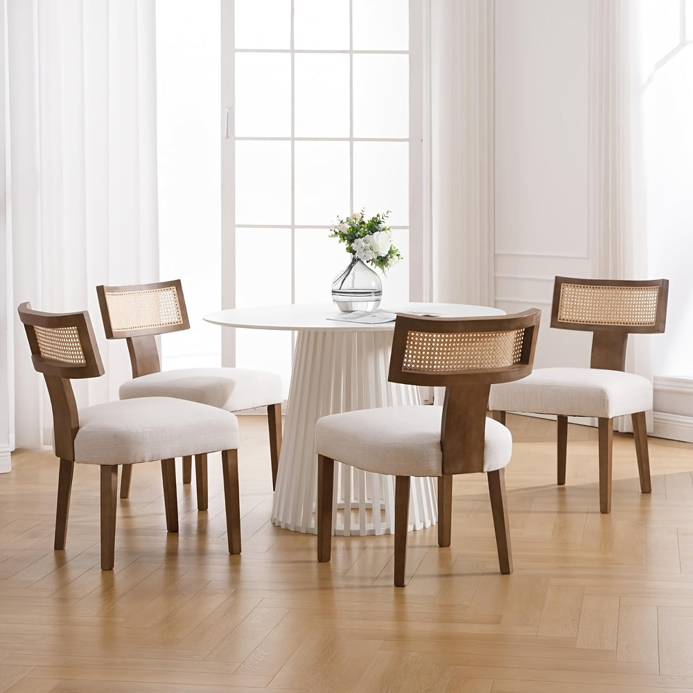 Set of 2 Rattan Dining Chairs, Mid-Century Modern Wooden Farmhouse Style with Linen Upholstery And Curved Cane Back, in Beige Color