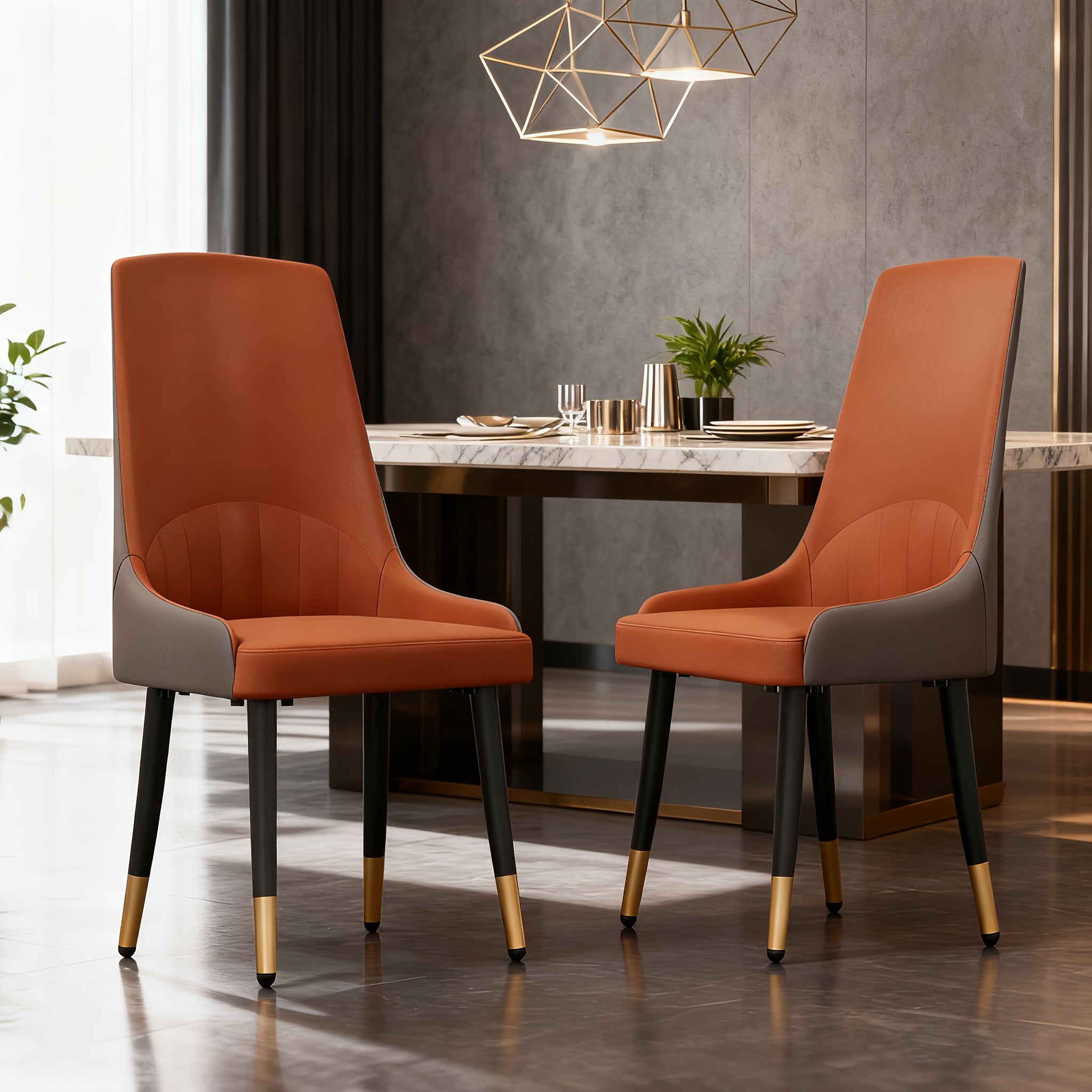 Set of 2 Modern Comfy Kitchen Chairs | Upholstered Faux Leather Accent Chairs with Thick Cushions, Wide Padded Seat, Metal Frame, Mixed Color - AESOME