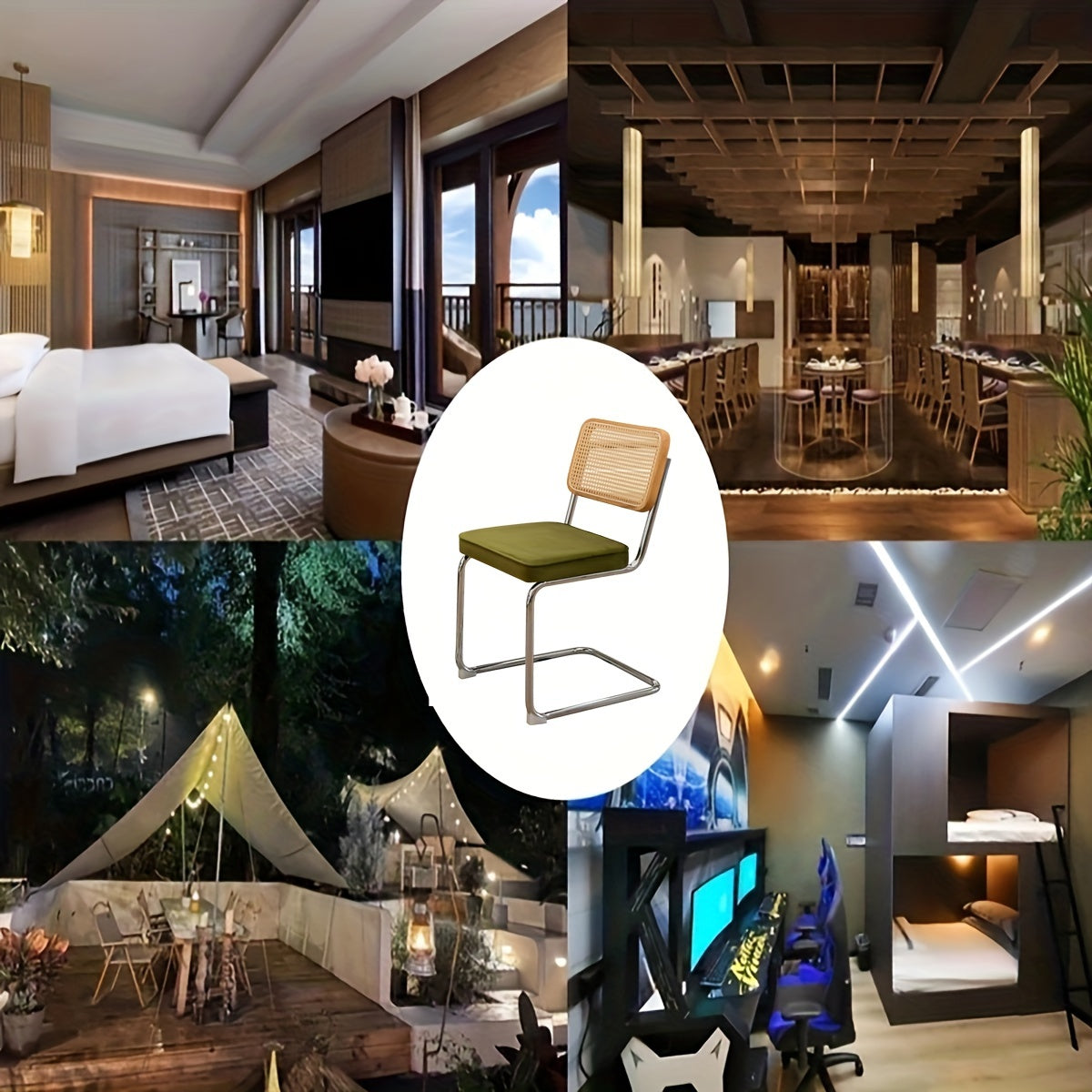 Set of Two Dining Chairs Featuring Velvet And Rattan, Designed with Chrome Legs. These Modern Mid-Century Breuer-Style Chairs Are Upholstered And Suitable for Dining, Living Rooms, Or Kitchens