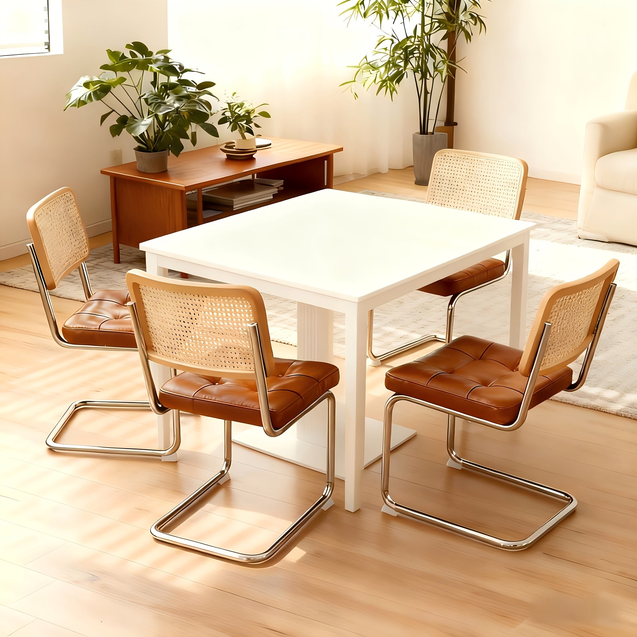 Set of 2 Mid-Century Modern Breuer-Inspired Dining Chairs - Green Velvet Rattan Accent Chairs with Chrome Legs, Upholstered Seats & Sturdy Metal Frame, Contemporary Design for Kitchen, Living Room, Dining Room - Easy-Clean Fabric & Durable Construct