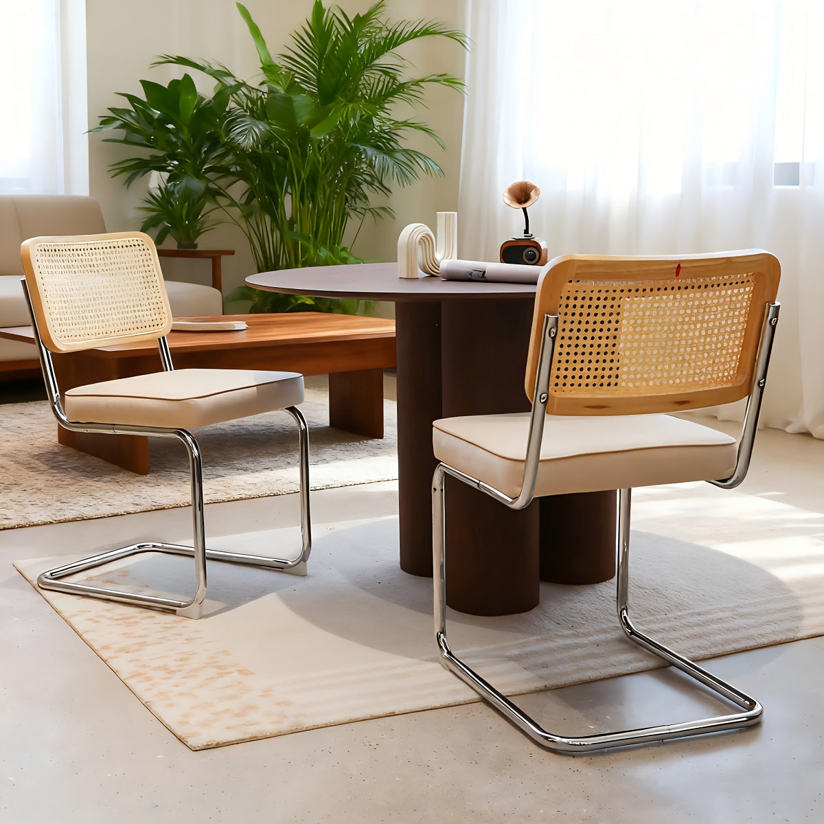 Set of Two Dining Chairs Featuring Velvet And Rattan, Designed with Chrome Legs. These Modern Mid-Century Breuer-Style Chairs Are Upholstered And Suitable for Dining, Living Rooms, Or Kitchens