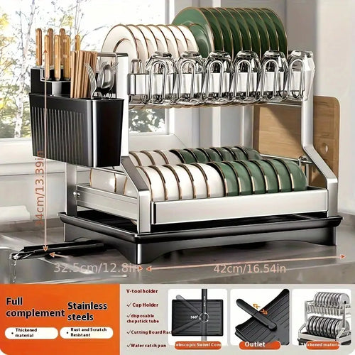 1 Stainless Steel Kitchen Dish Rack | 2-Tier Bowl Storage, Automatic Drainage, Draining Dish Rack, Cutlery Holder, Chopping Board Rack, Cup Holder, Suitable for Plates, Cups, and Cutlery Organizer, 2 Sizes