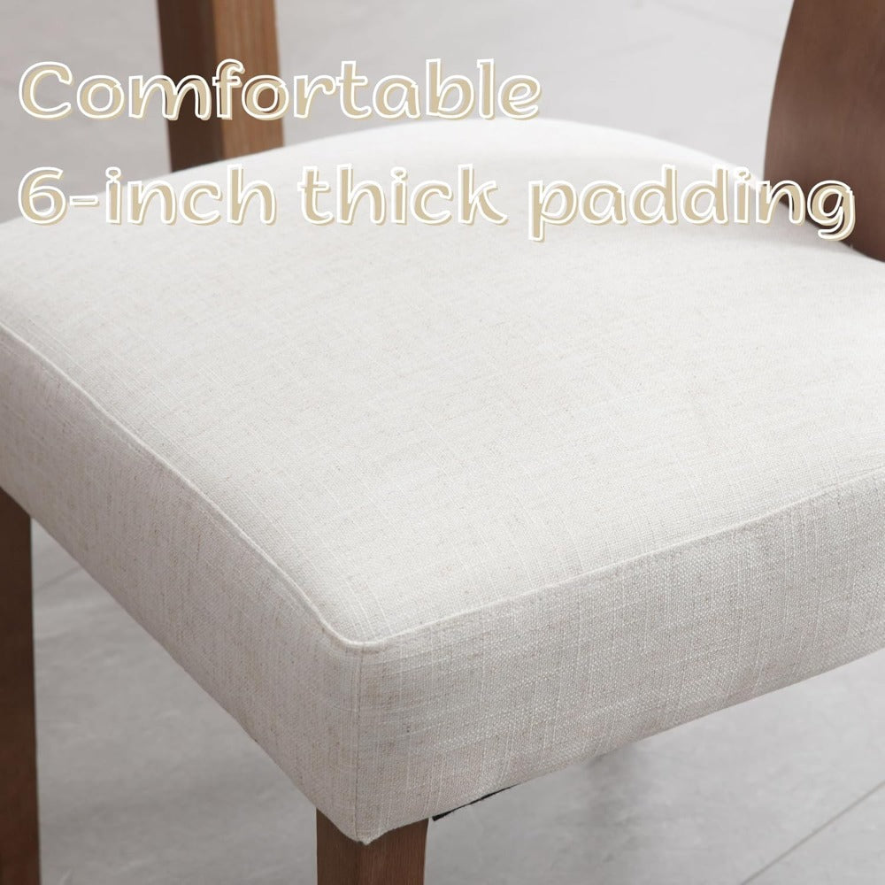 Set of 2 Rattan Dining Chairs, Mid-Century Modern Wooden Farmhouse Style with Linen Upholstery And Curved Cane Back, in Beige Color