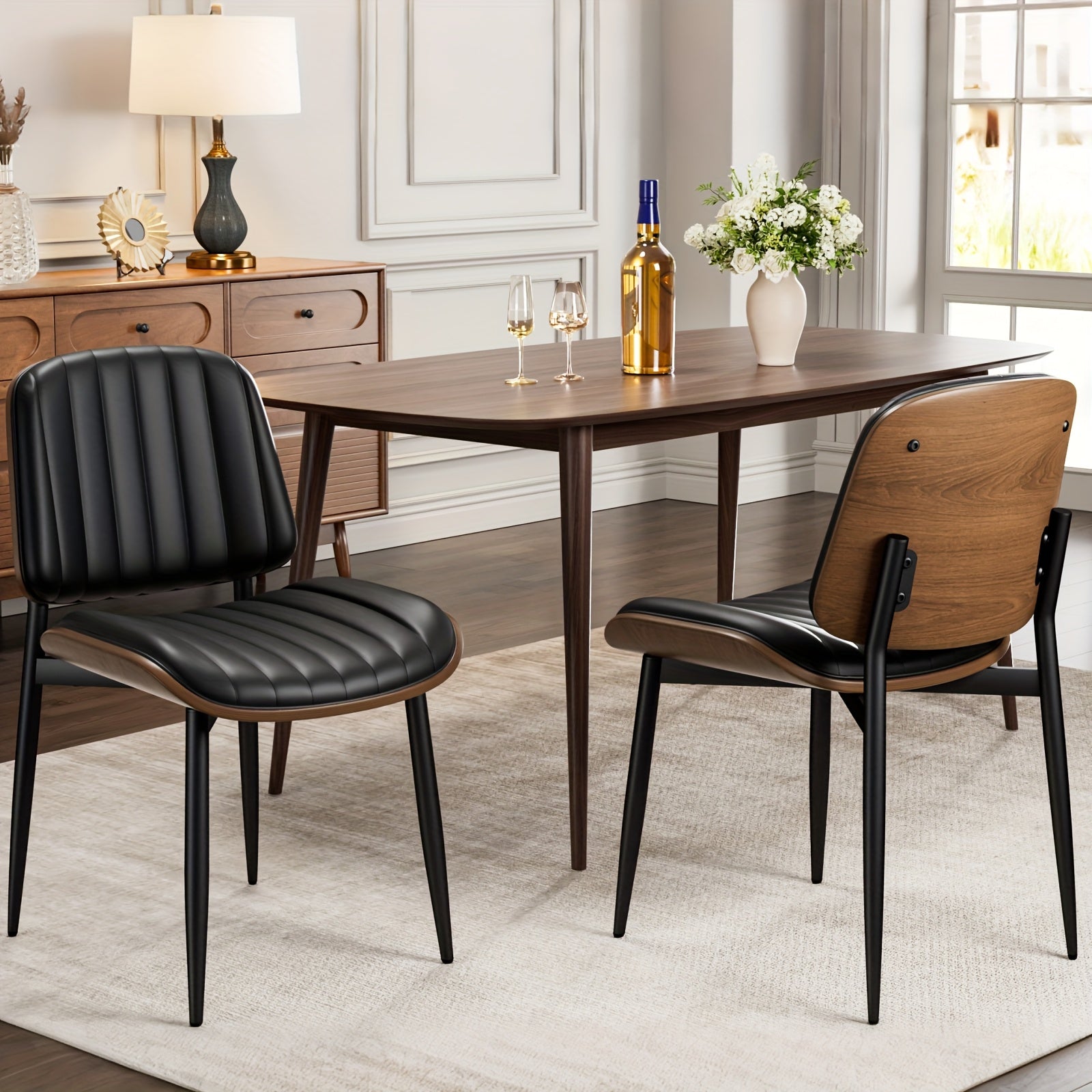 Set Of 2 Modern Faux Leather Dining Chairs, Padded Seat & Backrest, Metal Legs with Adjustable Feet, for Kitchen, Dining Room, Office