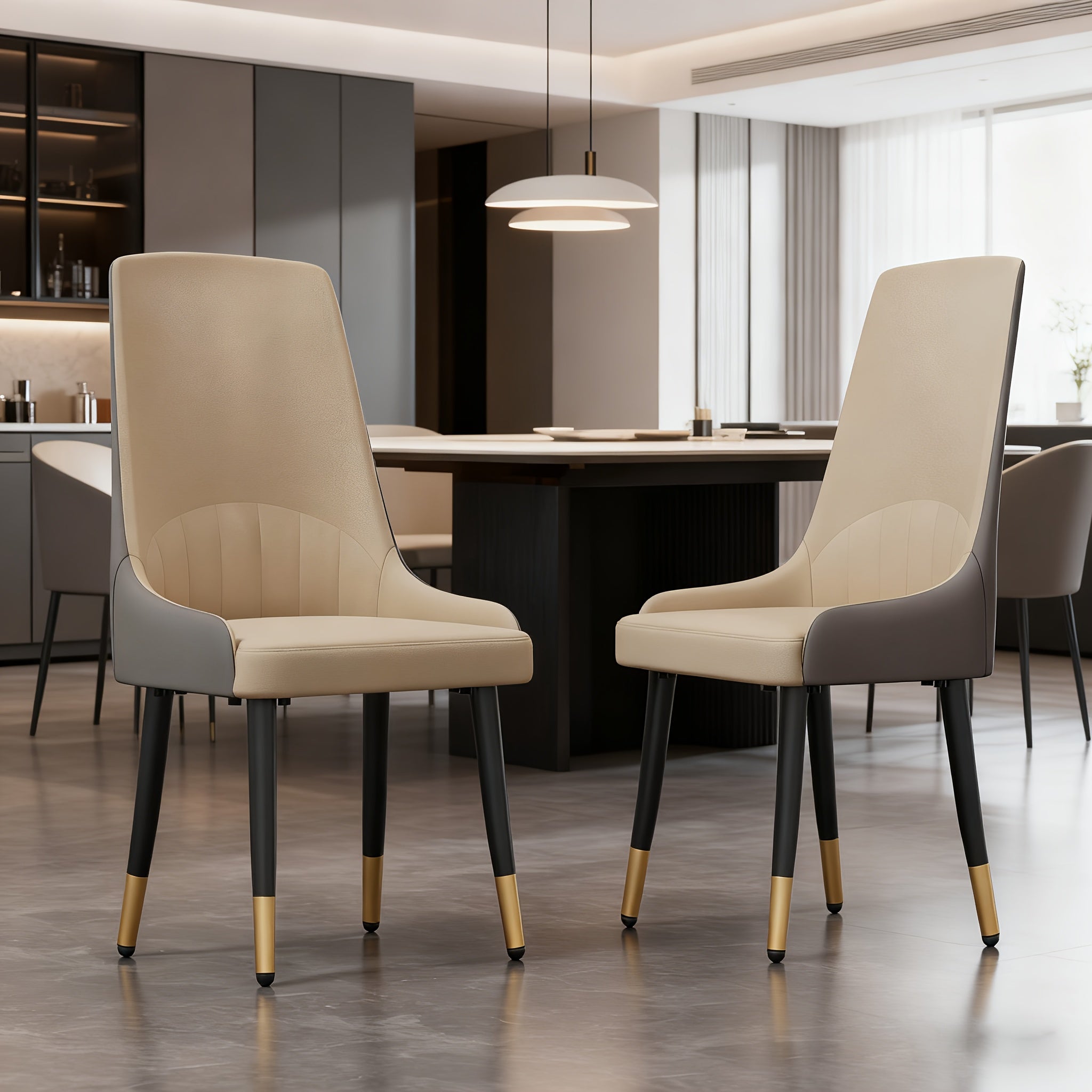 Set of 2 Modern Comfy Kitchen Chairs | Upholstered Faux Leather Accent Chairs with Thick Cushions, Wide Padded Seat, Metal Frame, Mixed Color - AESOME